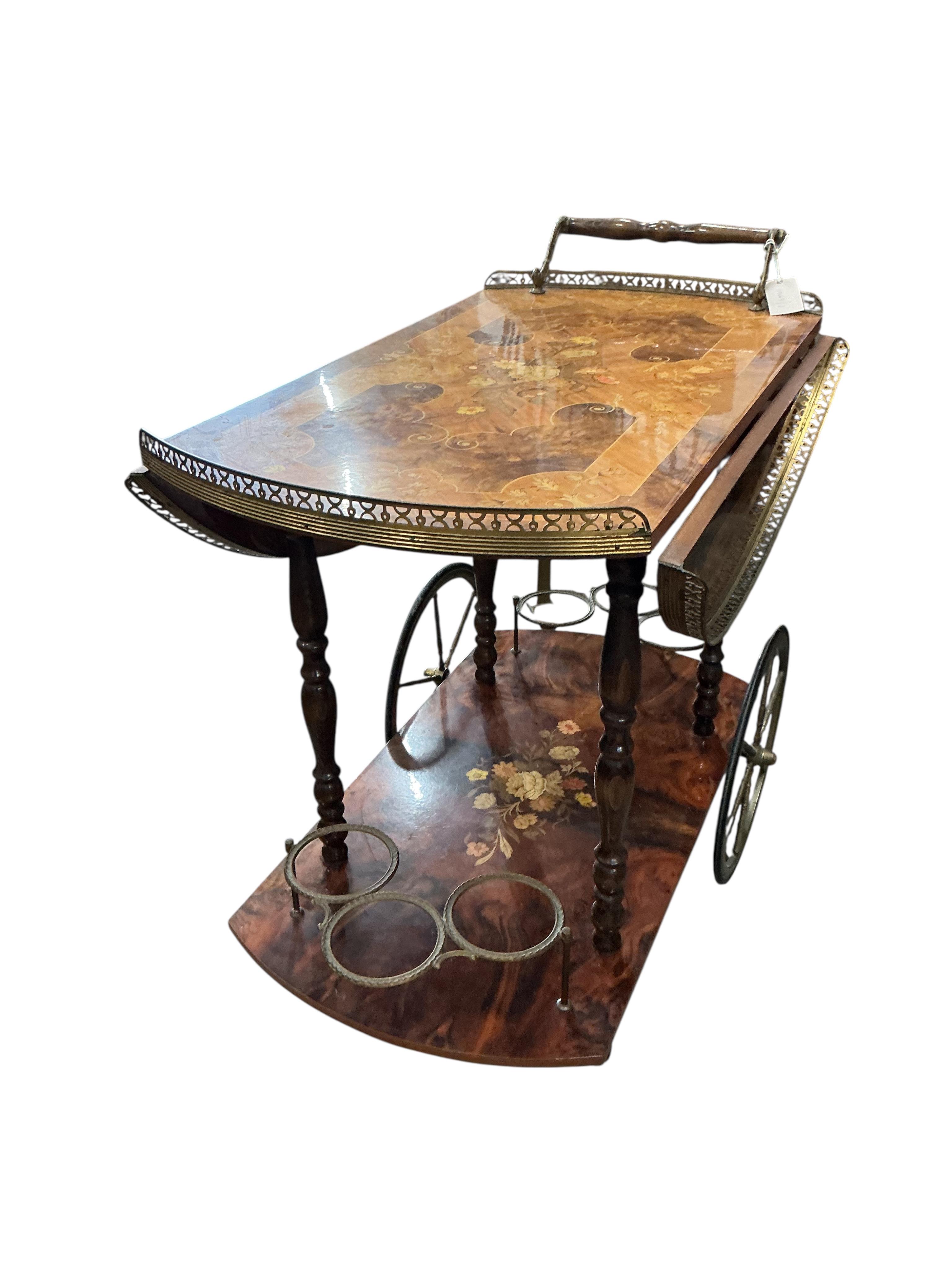 A Sorrento marquetry inlaid walnut and beech drop flap two tier drink's trolley, width 80cm, depth 48cm, height 74cm